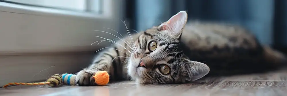 cat's teeth playing with toy