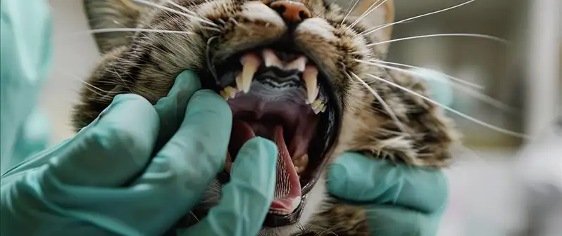vet checking cat's teeth